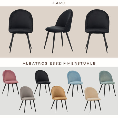 ALBATROS Designer Esszimmerstuhl CAPO | 4er Set | Schwarz, Braun, Grau, Beige, Türkis, Blau, Pink | Samt Bezug