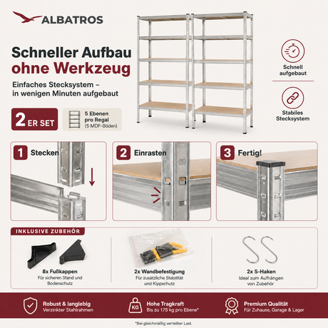 SR2S Schwerlastregal 875 kg – Metallregal 180x90x40 cm, 5 verstellbare Ablagen, Steckregal teilbar, Lagerregal für Garage, Keller, Werkstatt, Vorratsraum, inkl. 2 Haken