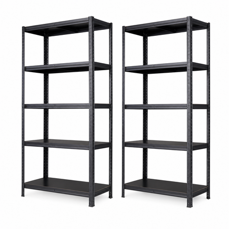 SR2B Premium Schwerlastregal Schwarz – 875 kg belastbar, wasserfest, matte laminierte Böden, 5 verstellbare Ebenen, teilbares Steckregal 180x90x40 cm, Stahlregal inkl. 2 Haken