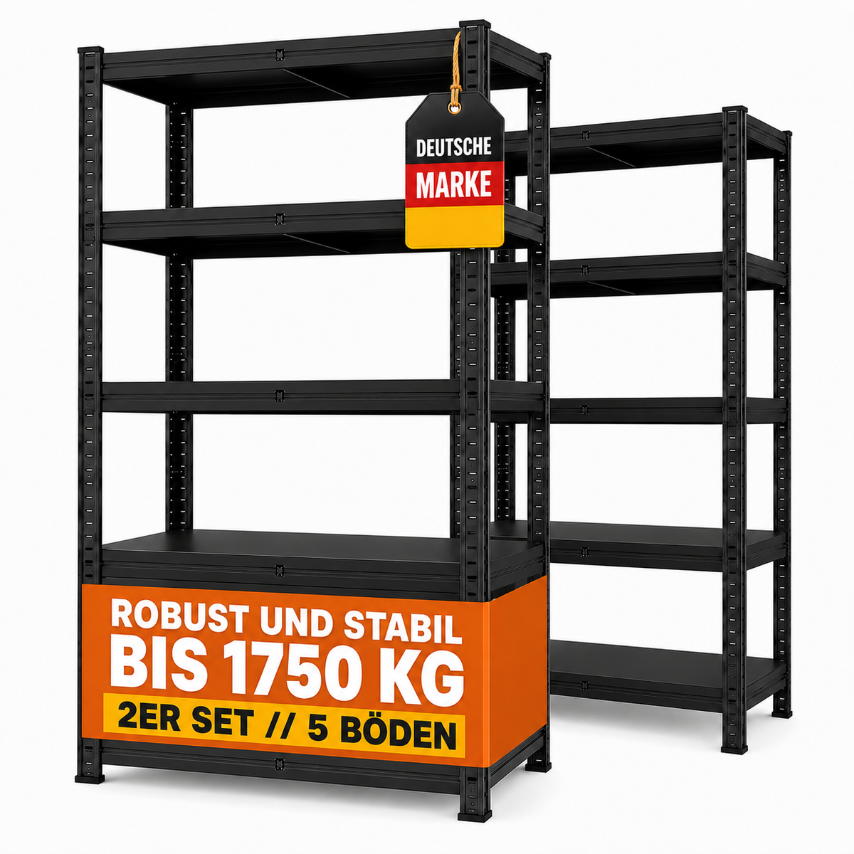 SR2B Premium Schwerlastregal Schwarz – 875 kg belastbar, wasserfest, matte laminierte Böden, 5 verstellbare Ebenen, teilbares Steckregal 180x90x40 cm, Stahlregal inkl. 2 Haken