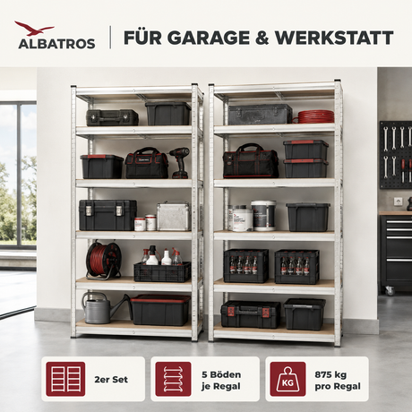 SR2S Schwerlastregal 875 kg – Metallregal 180x90x40 cm, 5 verstellbare Ablagen, Steckregal teilbar, Lagerregal für Garage, Keller, Werkstatt, Vorratsraum, inkl. 2 Haken