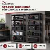 SR2B Premium Schwerlastregal Schwarz – 875 kg belastbar, wasserfest, matte laminierte Böden, 5 verstellbare Ebenen, teilbares Steckregal 180x90x40 cm, Stahlregal inkl. 2 Haken