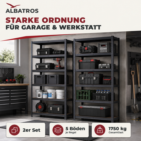 SR2B Premium Schwerlastregal Schwarz – 875 kg belastbar, wasserfest, matte laminierte Böden, 5 verstellbare Ebenen, teilbares Steckregal 180x90x40 cm, Stahlregal inkl. 2 Haken