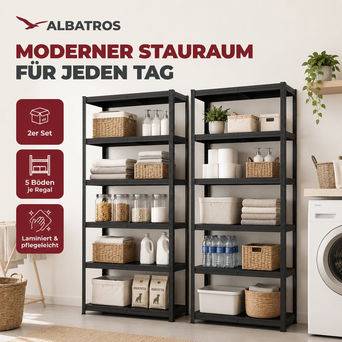 SR2B Premium Schwerlastregal Schwarz – 875 kg belastbar, wasserfest, matte laminierte Böden, 5 verstellbare Ebenen, teilbares Steckregal 180x90x40 cm, Stahlregal inkl. 2 Haken