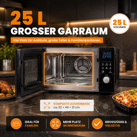 4in1 Mikrowelle MW2200 25L - Touch, Grill, Heißluft, 8 Programme, 60 Min Timer, Kindersicherung, Express-Start, Rost, Crisp-Pfanne