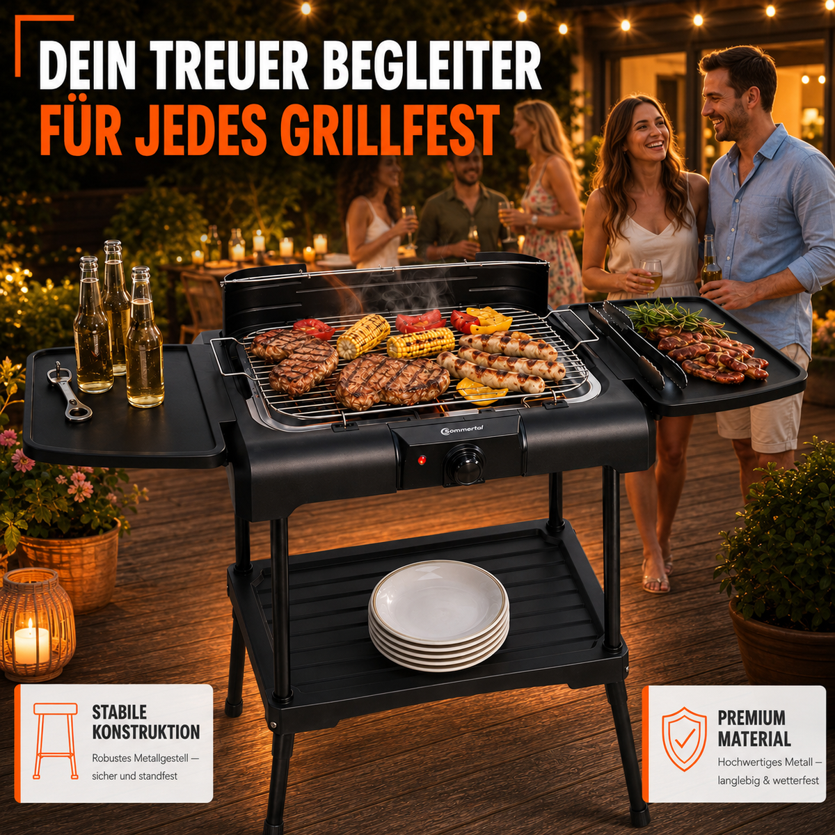 Sommertal BBQ231 Elektrogrill | Balkongrill | 2200W | Camping Grill | 2in1 Tischgrill mit Standfuß | Stufenloser Temperaturregler