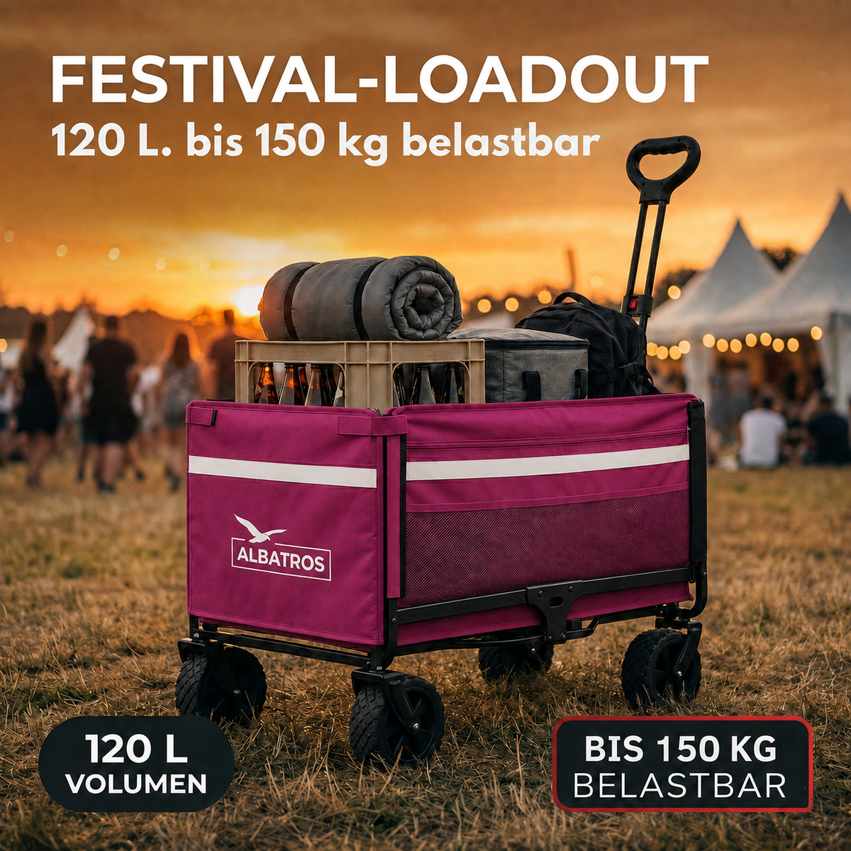 Albatros Bollerwagen Rosa klappbar 120L mit Flaschenöffner & Getränkehalter