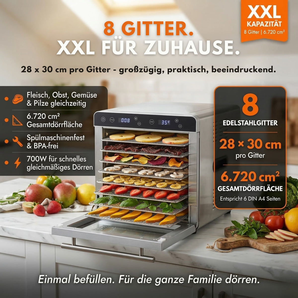 Sommertal Dörrautomat Silence 700 XXL inkl. 8 Edelstahl Dörrgitter