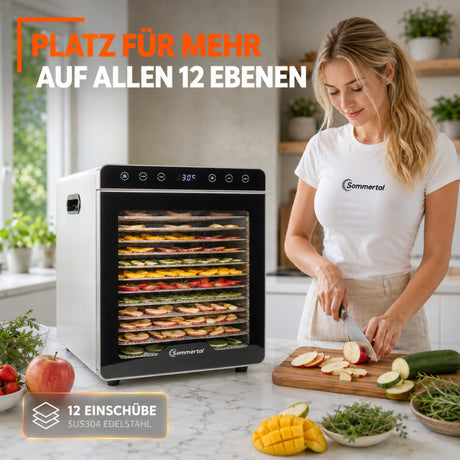 Sommertal Dörrautomat Silence 800 | 12 Edelstahl-Einschübe, 800 Watt, 30–85°C, 24h Timer