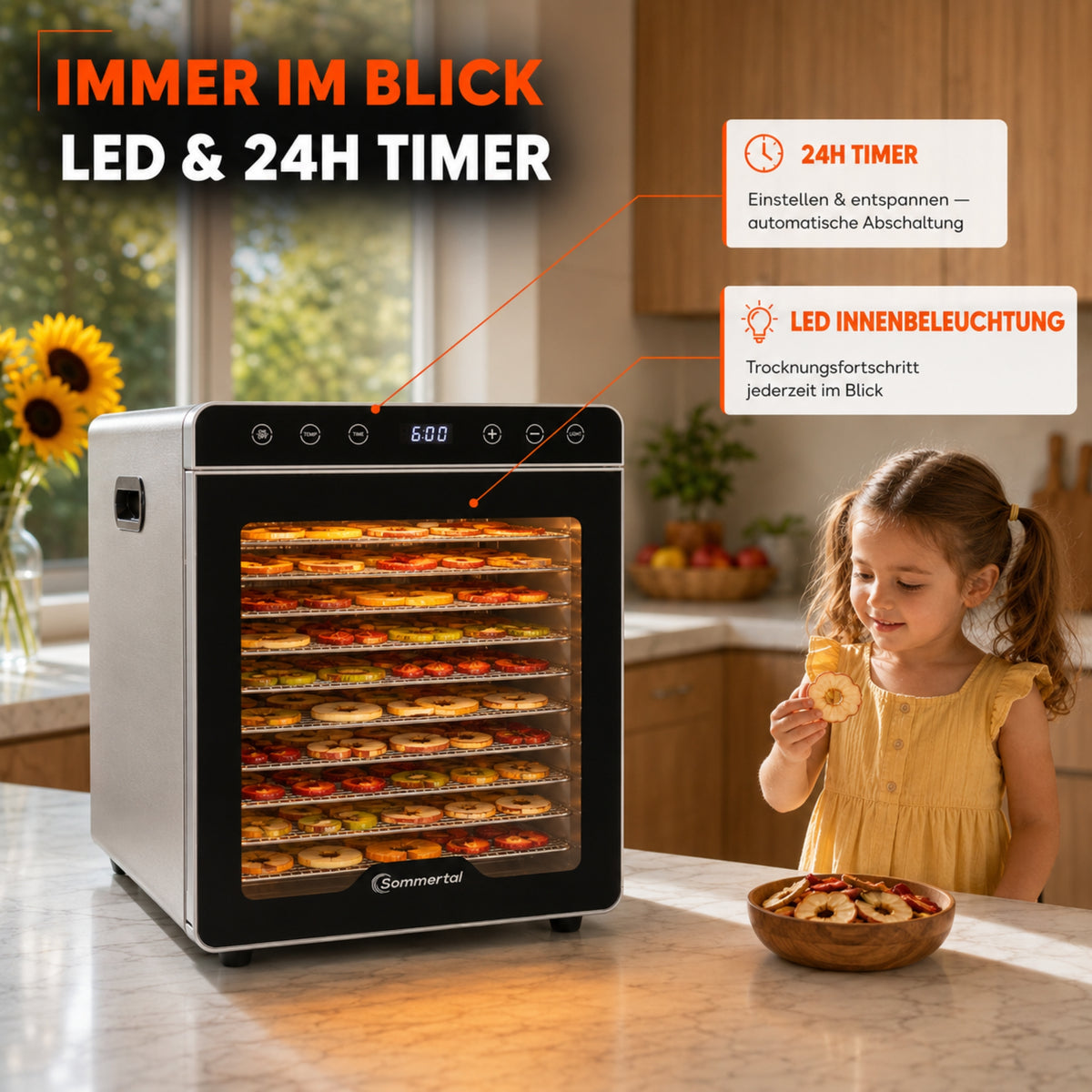 Sommertal Dörrautomat Silence 800 | 12 Edelstahl-Einschübe, 800 Watt, 30–85°C, 24h Timer
