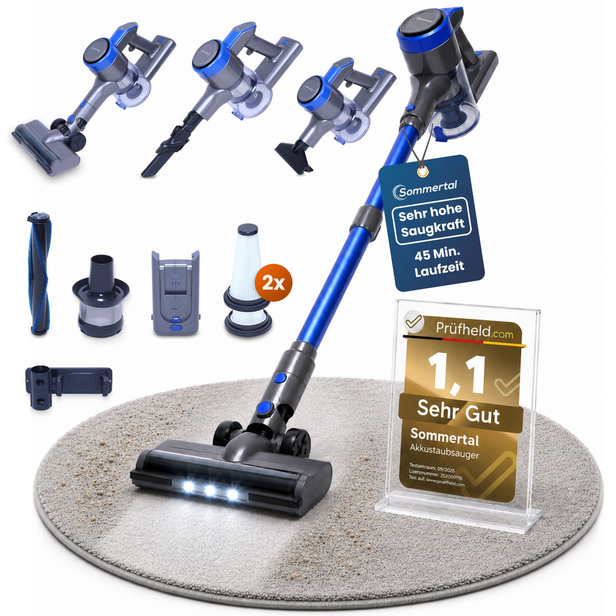 Akku Staubsauger VARIO150 | 3in1 Gerät | 3-Stufen Turbosauger mit 45min Laufzeit und Schnellladen | für 300m² | Teppich Hartböden Tierhaare | Kabellos | Stabstaubsauger