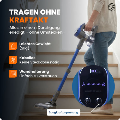 Akku Staubsauger VARIO150 | 3in1 Gerät | 3-Stufen Turbosauger mit 45min Laufzeit und Schnellladen | für 300m² | Teppich Hartböden Tierhaare | Kabellos | Stabstaubsauger