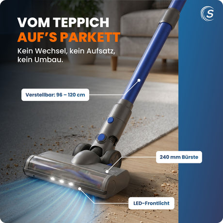 Akku Staubsauger VARIO150 | 3in1 Gerät | 3-Stufen Turbosauger mit 45min Laufzeit und Schnellladen | für 300m² | Teppich Hartböden Tierhaare | Kabellos | Stabstaubsauger
