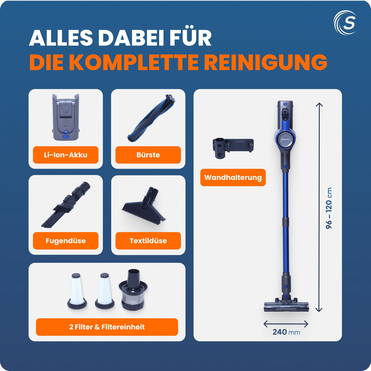Akku Staubsauger VARIO150 | 3in1 Gerät | 3-Stufen Turbosauger mit 45min Laufzeit und Schnellladen | für 300m² | Teppich Hartböden Tierhaare | Kabellos | Stabstaubsauger