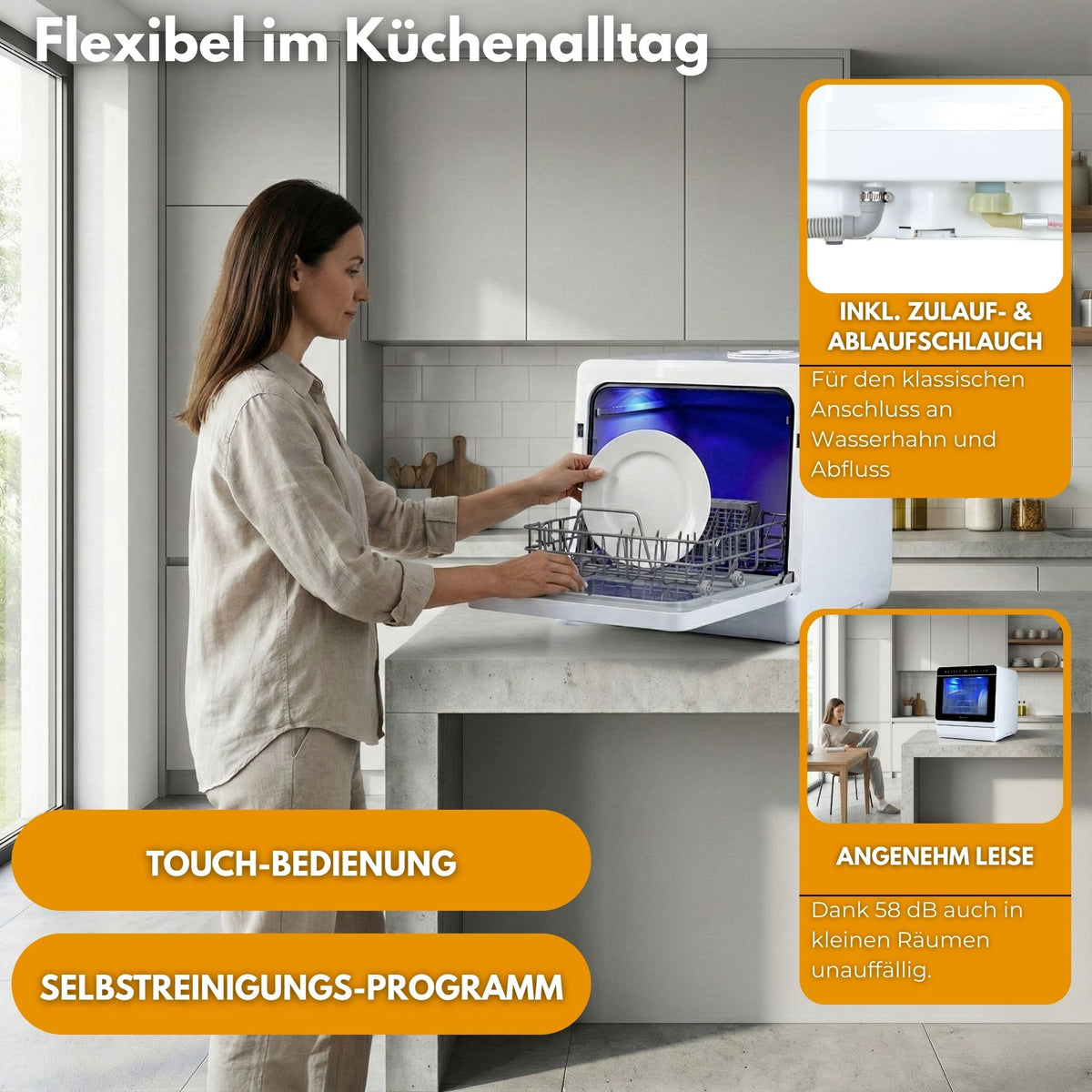 SP9 Dual Mini Geschirrspüler | Tischgeschirrspüler für 1-5 Personen, 8 Programme, 950W | Kleine Spülmaschine freistehend mit LED, Touch, Tank & Wasseranschluss | leise & kompakt