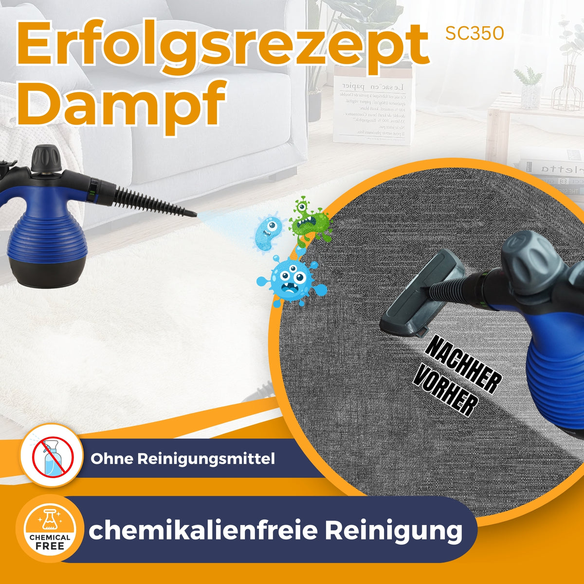 Dampfreiniger Handgerät SC350  Kompakter Hand-Dampfreiniger für Polstermöbel, Fliesen, Böden