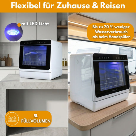 SP9 Dual Mini Geschirrspüler | Tischgeschirrspüler für 1-5 Personen, 8 Programme, 950W | Kleine Spülmaschine freistehend mit LED, Touch, Tank & Wasseranschluss | leise & kompakt