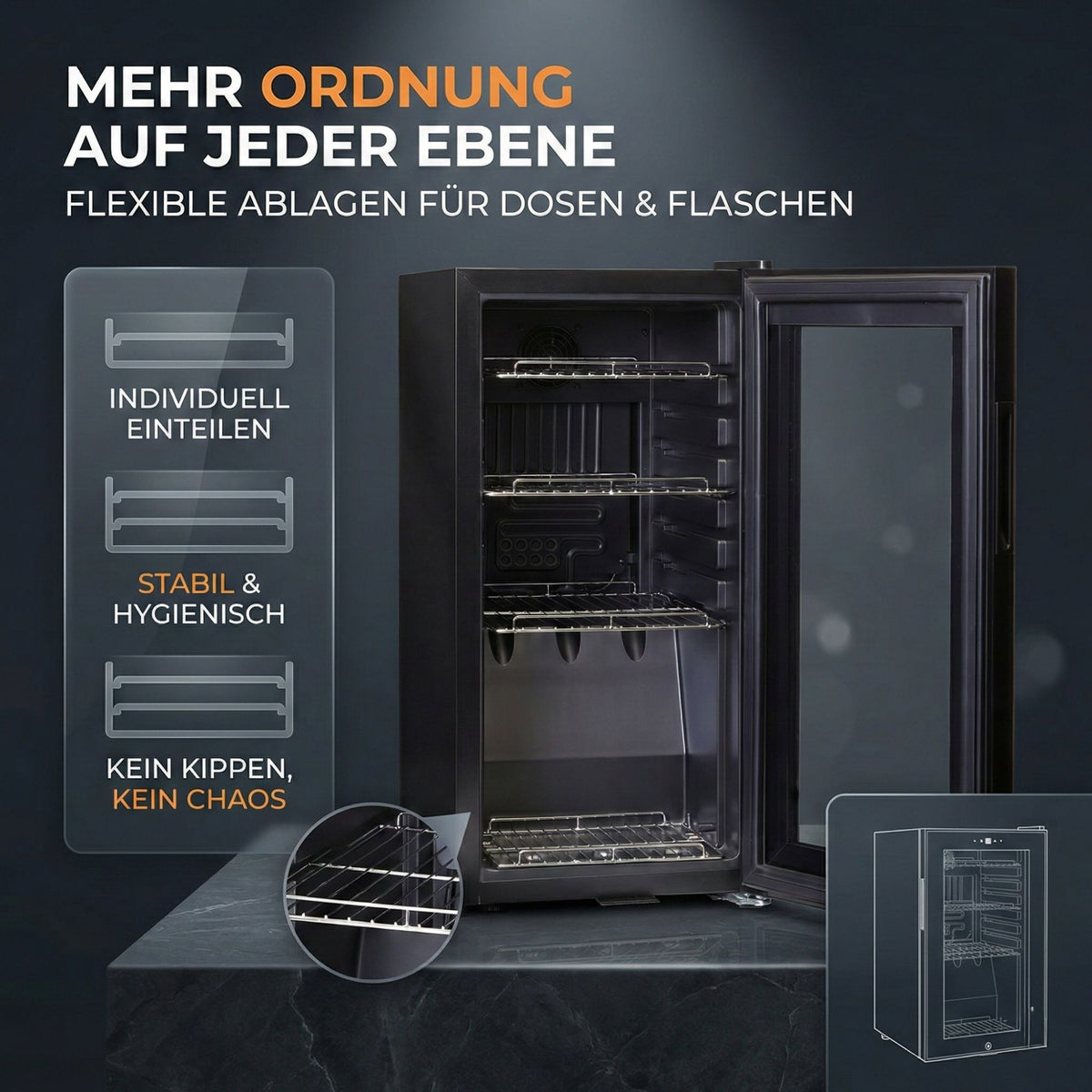 Kühlschrank GKL 50– Leiser Getränkekühlschrank mit RGB LED, Touchscreen & Schloss kleiner Flaschenkühlschrank schwarz 50L
