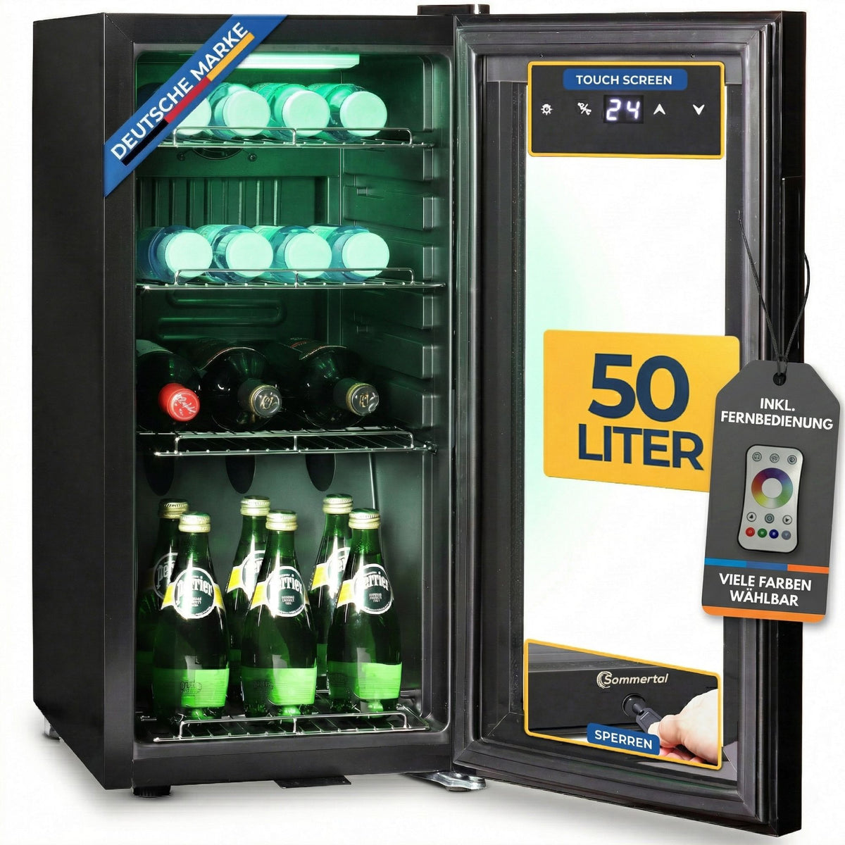 Kühlschrank GKL 50– Leiser Getränkekühlschrank mit RGB LED, Touchscreen & Schloss kleiner Flaschenkühlschrank schwarz 50L