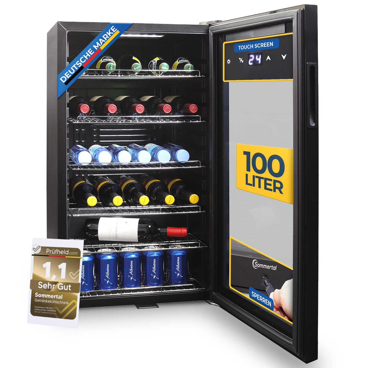 Kühlschrank GK 100– Leiser Getränkekühlschrank mit LED, Touchscreen & Schloss kleiner Flaschenkühlschrank schwarz 100L