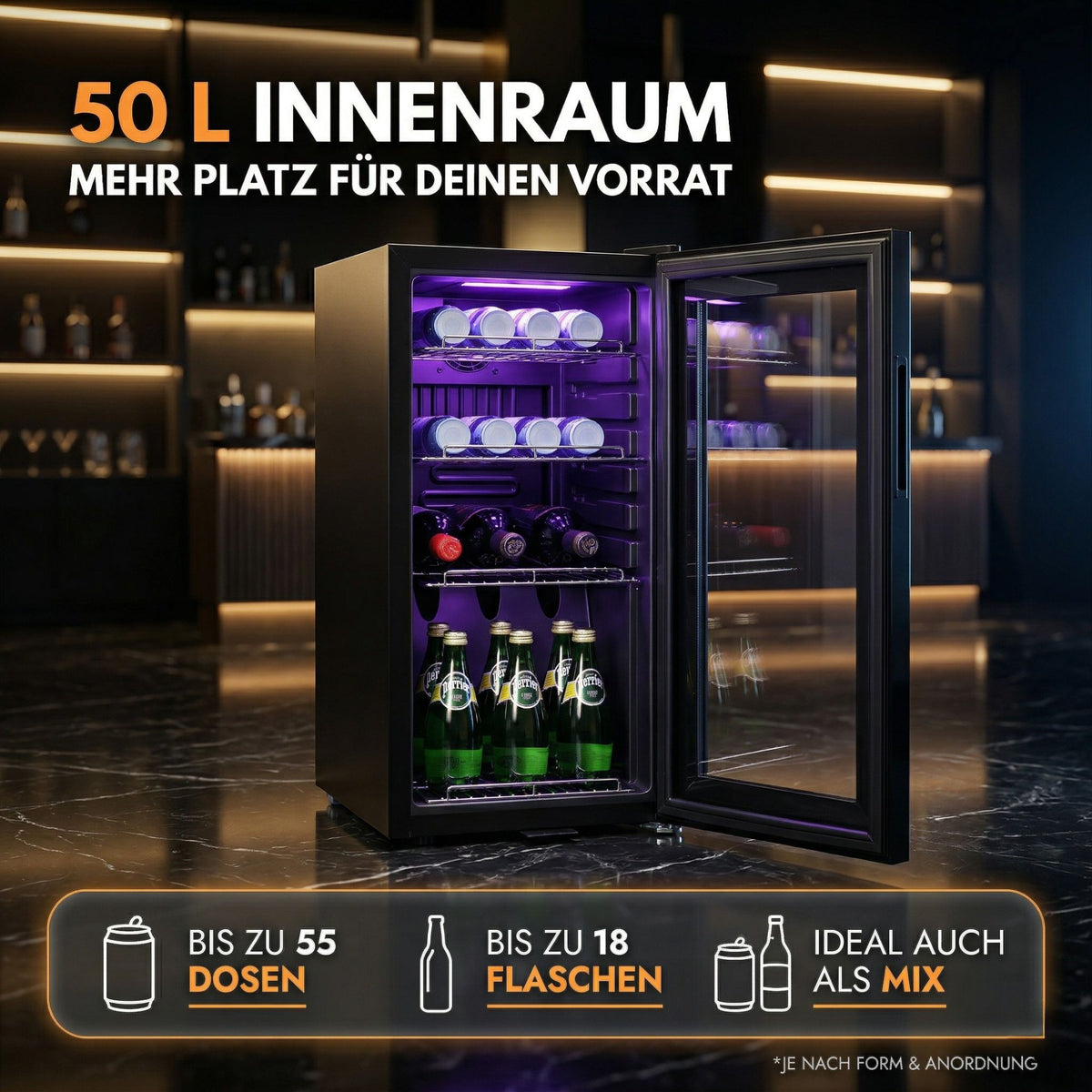 Kühlschrank GKL 50– Leiser Getränkekühlschrank mit RGB LED, Touchscreen & Schloss kleiner Flaschenkühlschrank schwarz 50L