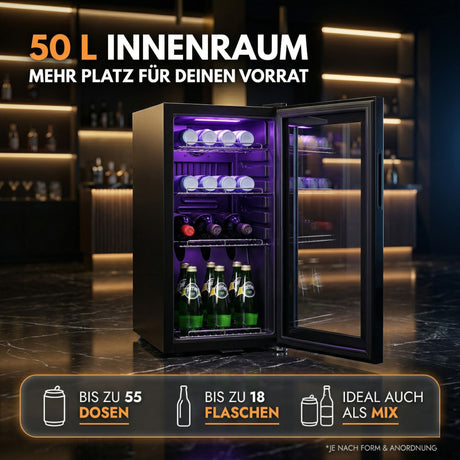 Kühlschrank GKL 50– Leiser Getränkekühlschrank mit RGB LED, Touchscreen & Schloss kleiner Flaschenkühlschrank schwarz 50L