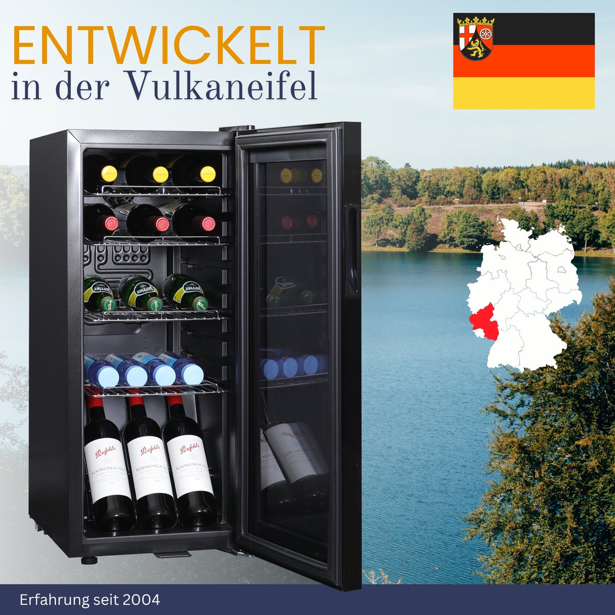 Kühlschrank GK 60– Leiser Getränkekühlschrank mit LED, Touchscreen & Schloss kleiner Flaschenkühlschrank schwarz 60L