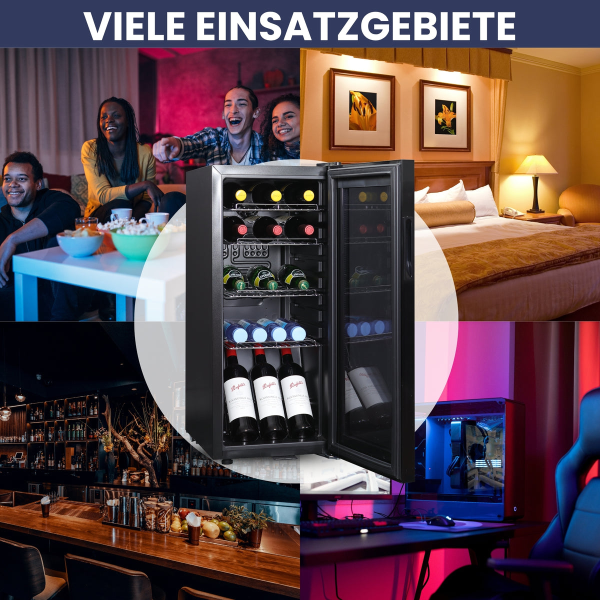 Kühlschrank GK 60– Leiser Getränkekühlschrank mit LED, Touchscreen & Schloss kleiner Flaschenkühlschrank schwarz 60L