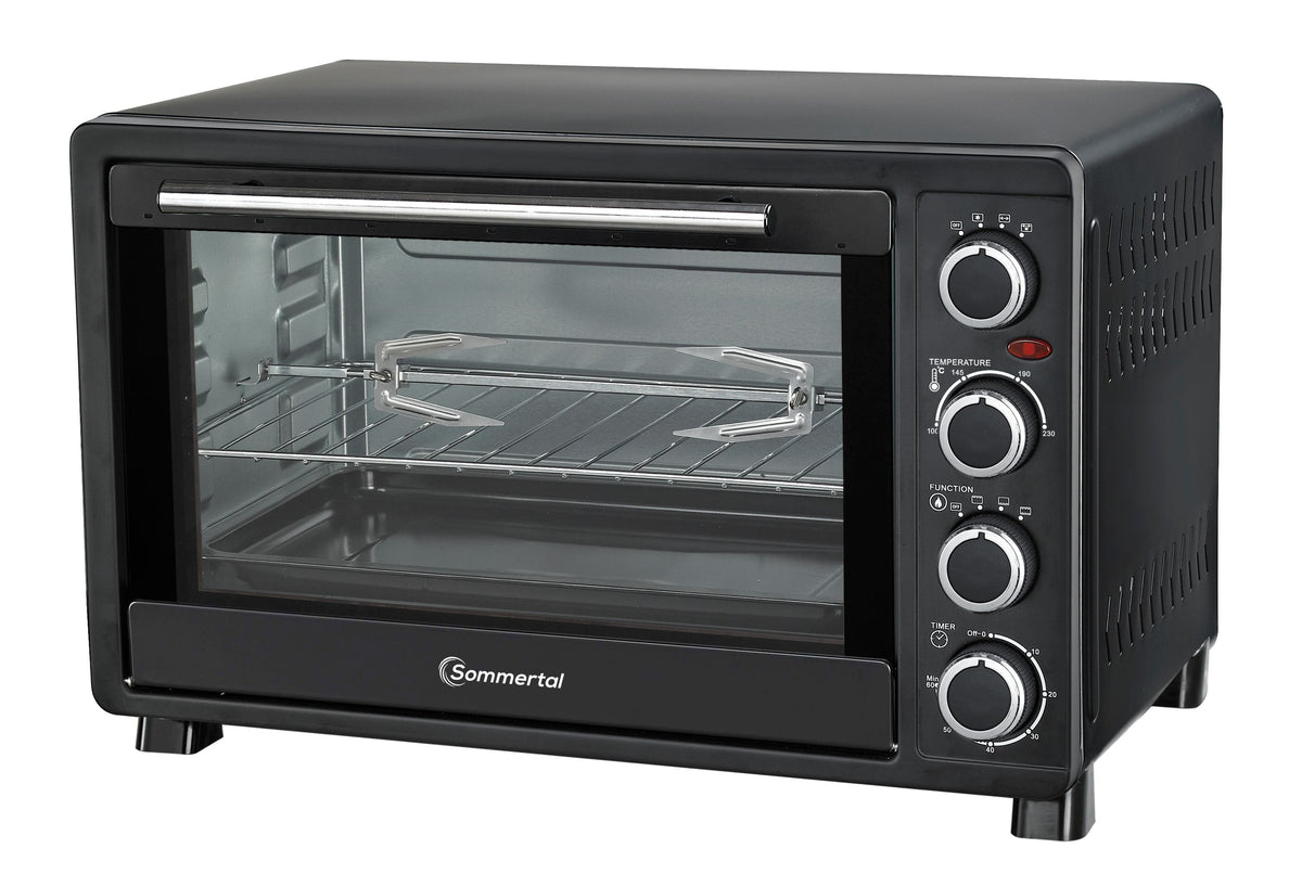 Minibackofen 30 Liter mit Drehspieß & Umluft, 1500W, 100–230°C, 60 Min. Timer, Hähnchengrill Mini Backofen, Kleiner Backofen zum Backen, Grillen & Pizza, Campingbackofen inkl. Zubehör