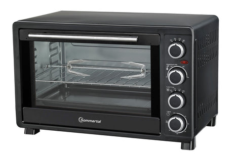 Minibackofen 30 Liter mit Drehspieß & Umluft + 1L Backofenreiniger, 1500W, 100–230°C, 60 Min. Timer, Hähnchengrill Mini Backofen, Kleiner Backofen zum Backen, Grillen & Pizza, Campingbackofen inkl. Zubehör