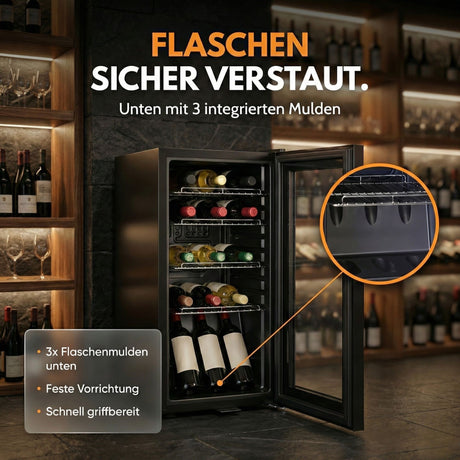 Kühlschrank GKL 50– Leiser Getränkekühlschrank mit RGB LED, Touchscreen & Schloss kleiner Flaschenkühlschrank schwarz 50L