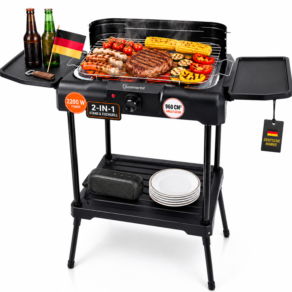 Sommertal BBQ231 Elektrogrill | Balkongrill | 2200W | Camping Grill | 2in1 Tischgrill mit Standfuß | Stufenloser Temperaturregler