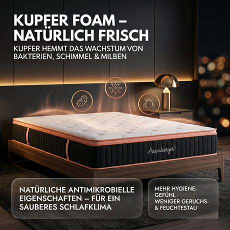 Arensberger Kupfermatratze mit Federkern & Kupferschaum + integrierter Topper | Höhe 25cm | Härtegrad H3/ H4