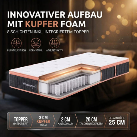 Arensberger Kupfermatratze mit Federkern & Kupferschaum + integrierter Topper | Höhe 25cm | Härtegrad H3/ H4