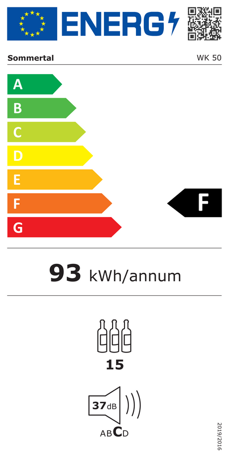 WK 50 Weinkühlschrank – 15 Flaschen, 5–20 °C einstellbar, abschließbar, LED-Beleuchtung, Glastür, Touchscreen, 4 Holz-Einlegeböden, leise