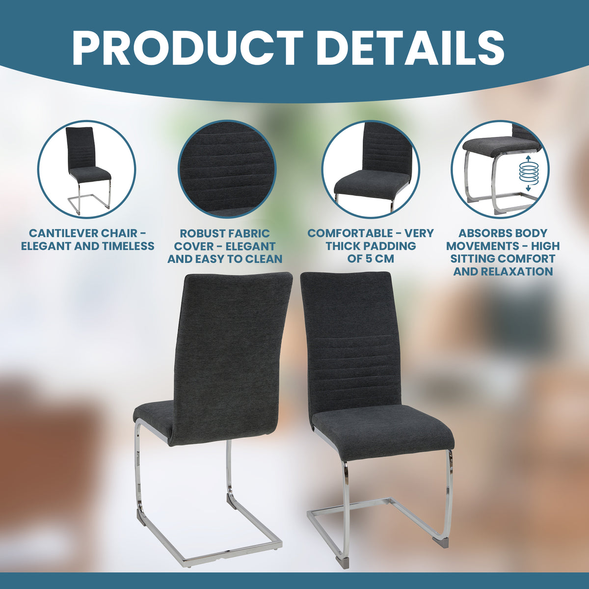 ALBATROS Freischwinger Designerstuhl LUGANO | 4er Set | Schwarz, Grau | Stoff Bezug