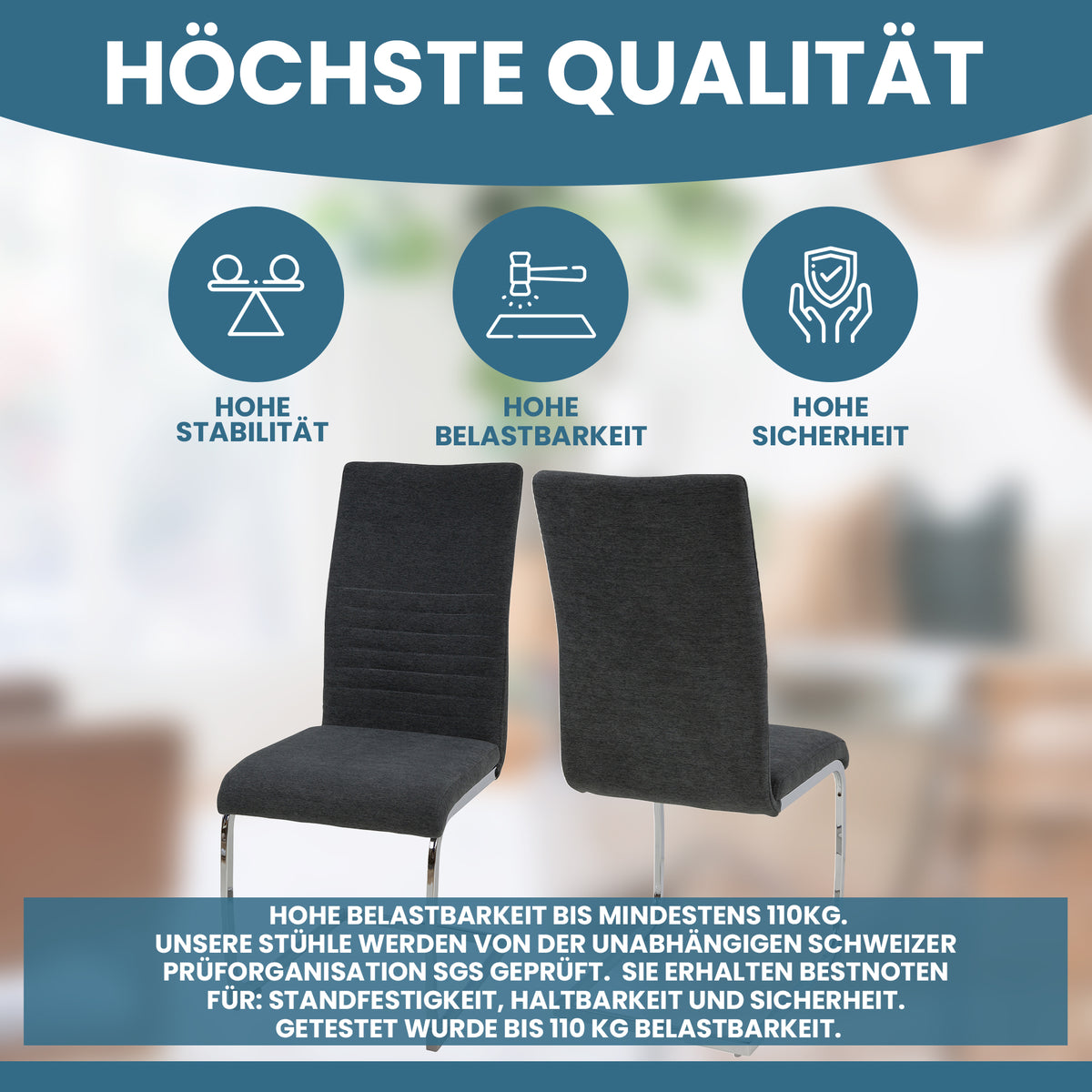 ALBATROS Freischwinger Designerstuhl LUGANO | 4er Set | Schwarz, Grau | Stoff Bezug