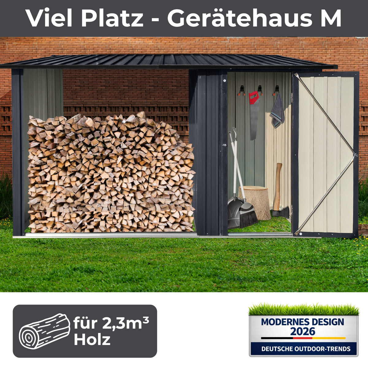 Albatros Profi Gerätehaus M –Geräteschuppen mit Holzunterstand, 2,3m³, verzinktes Metall in Anthrazit (RAL 7016) | 266x127x161cm