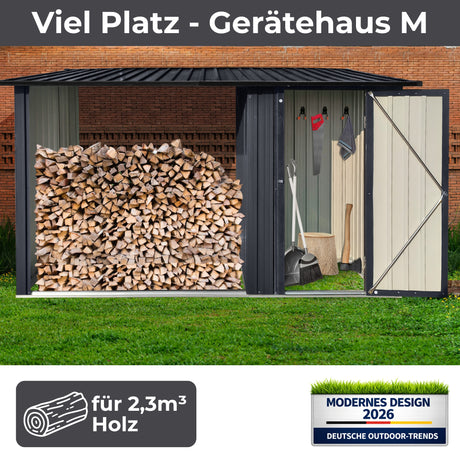 Albatros Profi Gerätehaus M –Geräteschuppen mit Holzunterstand, 2,3m³, verzinktes Metall in Anthrazit (RAL 7016) | 266x127x161cm