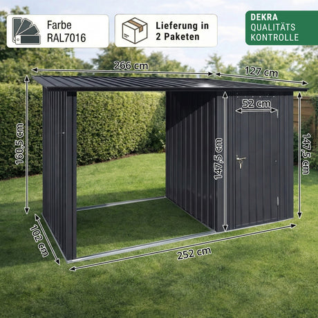 Albatros Profi Gerätehaus M –Geräteschuppen mit Holzunterstand, 2,3m³, verzinktes Metall in Anthrazit (RAL 7016) | 266x127x161cm