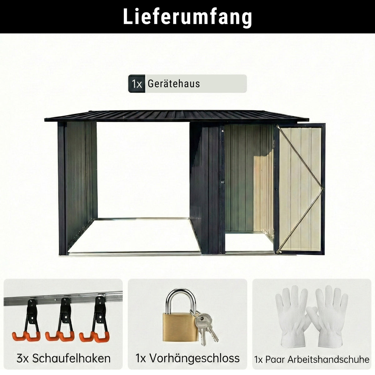 Albatros Profi Gerätehaus M –Geräteschuppen mit Holzunterstand, 2,3m³, verzinktes Metall in Anthrazit (RAL 7016) | 266x127x161cm