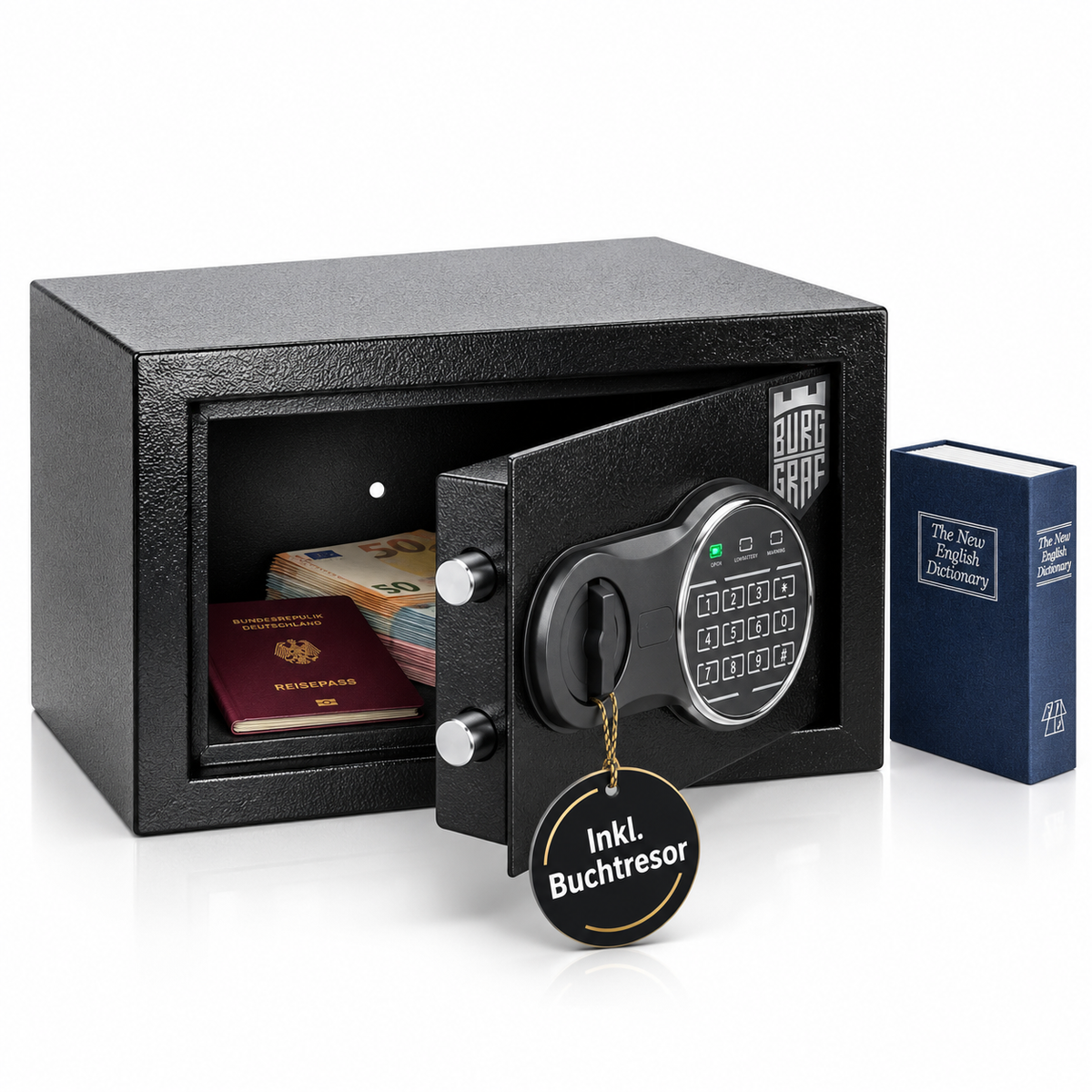 Burggraf Gr. M Safe, Tresor für zuhause, 20x31x20 cm, Buch-Safe, Hammerschlag, Zahlencode