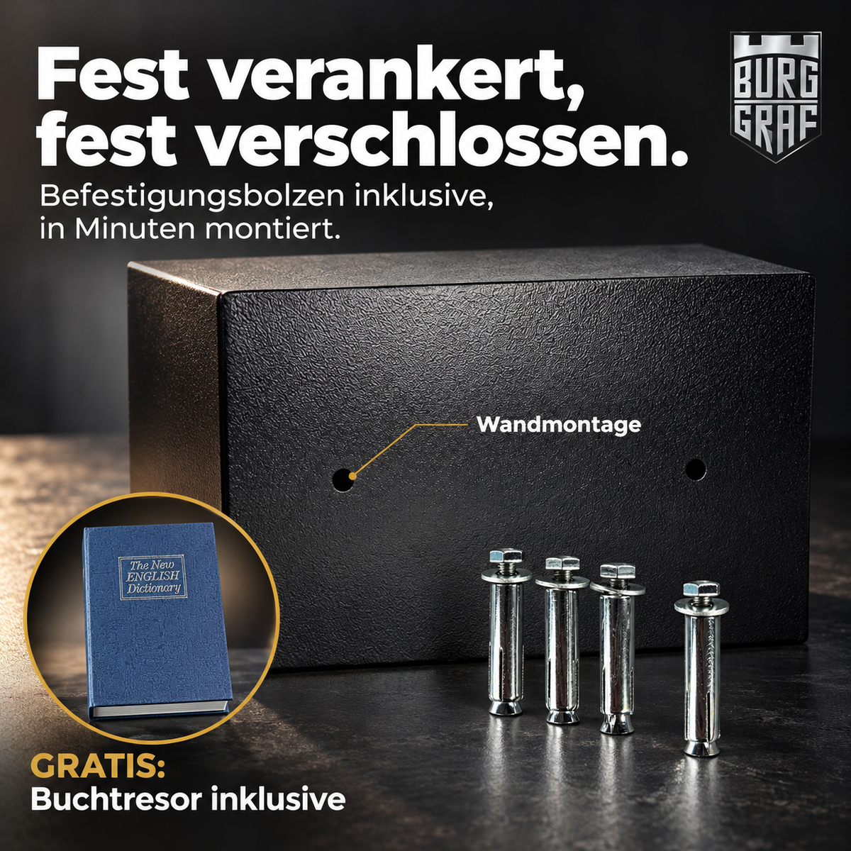 Burggraf Gr. M Safe, Tresor für zuhause, 20x31x20 cm, Buch-Safe, Hammerschlag, Zahlencode