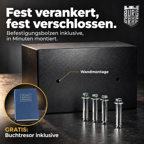 Burggraf Gr. M Safe, Tresor für zuhause, 20x31x20 cm, Buch-Safe, Hammerschlag, Zahlencode