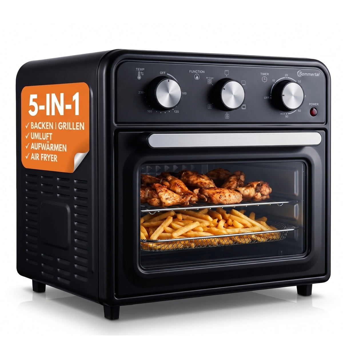 Minibackofen 20 Liter mit Umluft & Heißluftfritteuse + 1l Backofenreiniger, Mini Backofen 1800W zum Backen, Grillen & Pizza, Tischbackofen klein mit Airfryer Funktion, 100–230°C, 60 Min. Timer, inkl. Zubehör