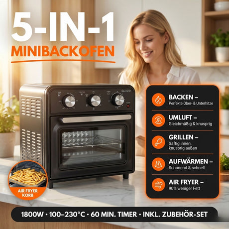 Minibackofen 20 Liter mit Umluft & Heißluftfritteuse, Mini Backofen 1800W