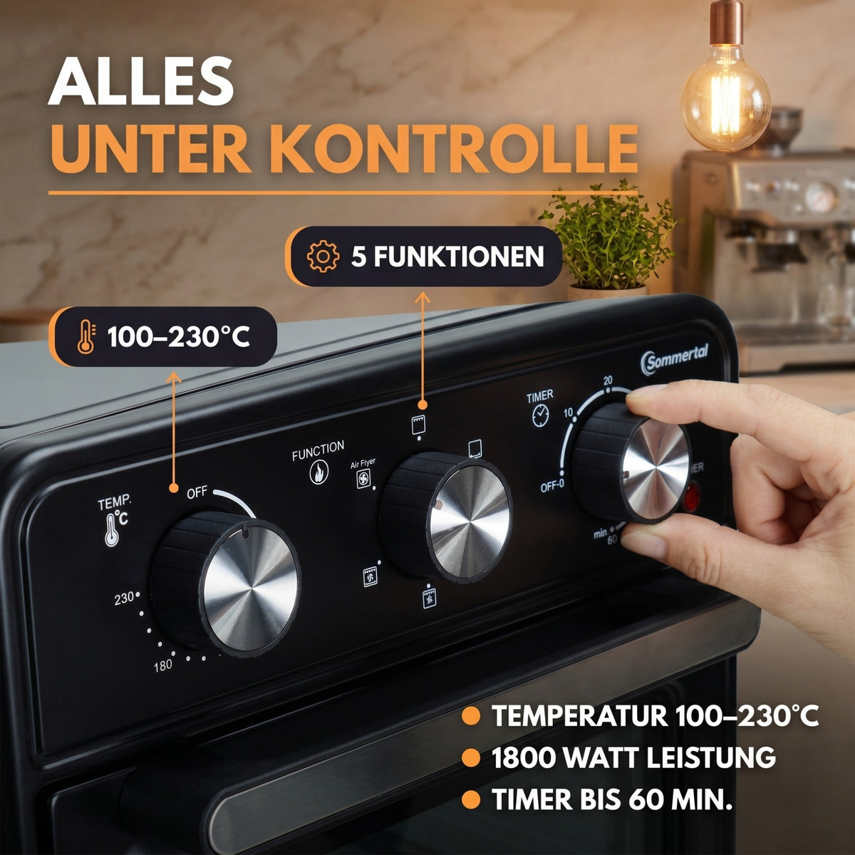 Minibackofen 20 Liter mit Umluft & Heißluftfritteuse + 1l Backofenreiniger, Mini Backofen 1800W zum Backen, Grillen & Pizza, Tischbackofen klein mit Airfryer Funktion, 100–230°C, 60 Min. Timer, inkl. Zubehör
