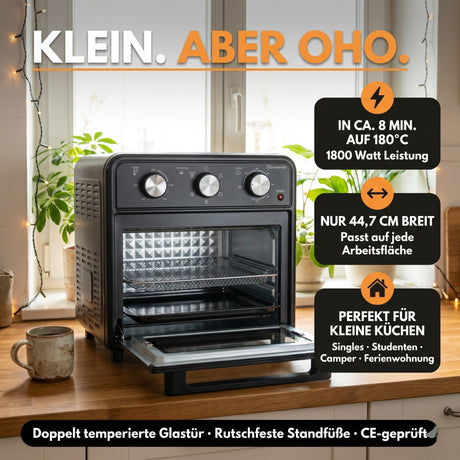 Minibackofen 20 Liter mit Umluft & Heißluftfritteuse, Mini Backofen 1800W