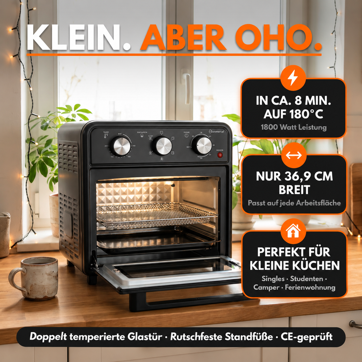 Sommertal Minibackofen – 20 L, 1800 W, Heißluftfritteusen-Funktion