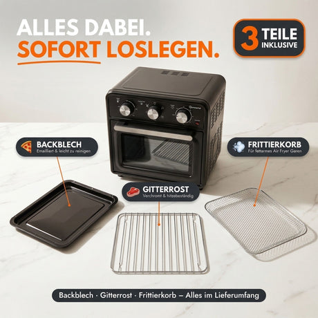 Minibackofen 20 Liter mit Umluft & Heißluftfritteuse, Mini Backofen 1800W
